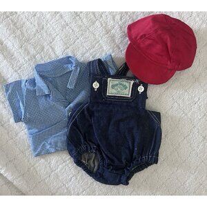 Cabbage Patch Kids Doll Jean Denim Romper w/ Blue Plaid Shirt Hat Clothes VTG